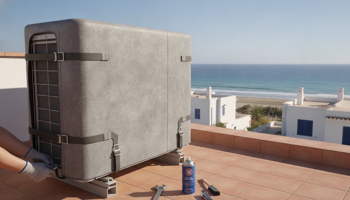 Primer plano de una unidad exterior de aire acondicionado con recubrimiento anticorrosivo aplicado sobre las aletas, instalada en una terraza con vistas al mar Mediterráneo al fondo, luz natural de tarde