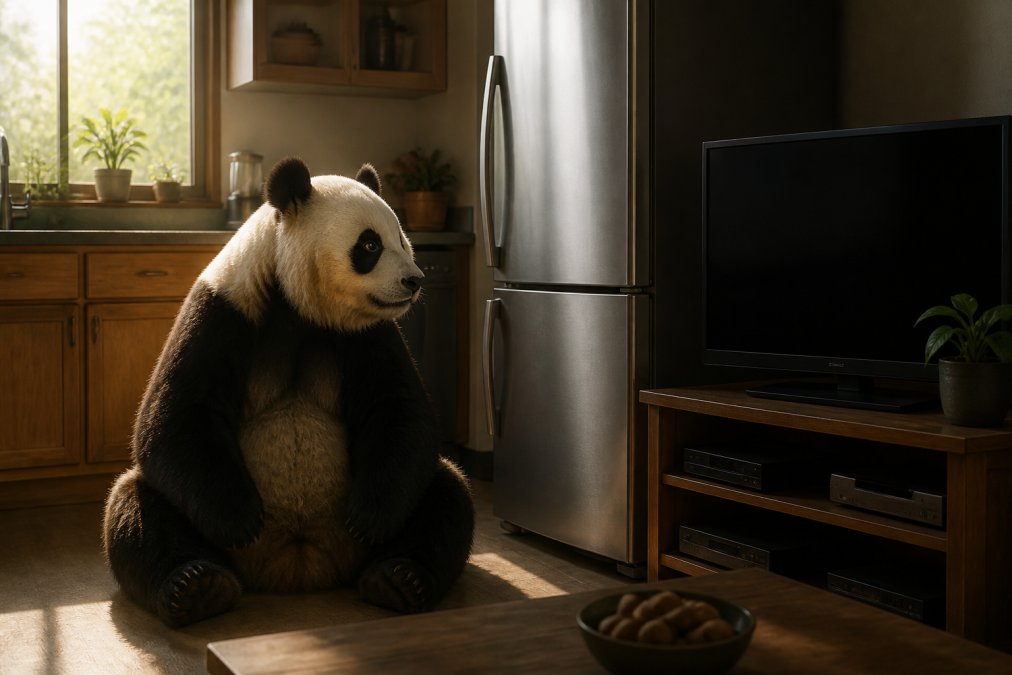 Un oso panda adulto sentado tranquilamente junto a una televisión apagada y una nevera en una cocina moderna, con mirada curiosa hacia los electrodomésticos, luz cálida de tarde entrando por la ventana
