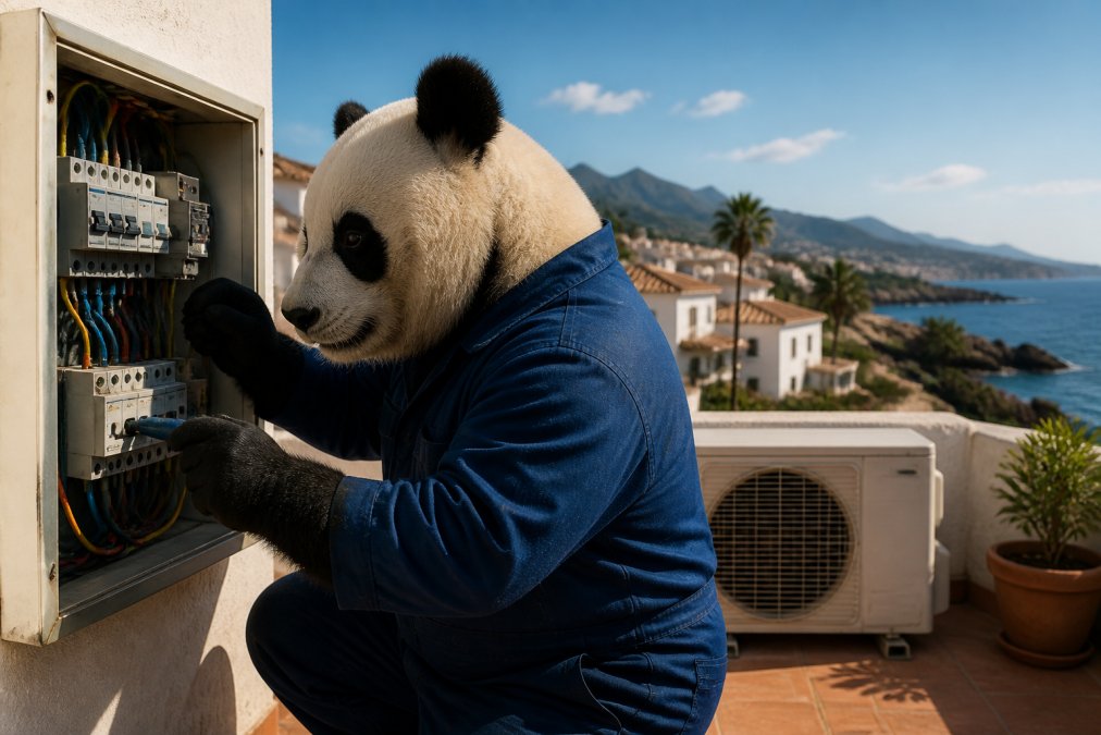 Un oso panda con mono de trabajo azul revisando un cuadro eléctrico doméstico abierto, con cables de colores visibles y la unidad exterior de un aire acondicionado al fondo en una terraza soleada de la costa mediterránea