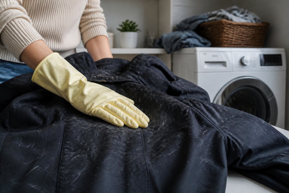 A person running a rubber glove over a dark dog-hair-covered jacket, with a dryer and a laundry basket in the background in a bright domestic laundry room