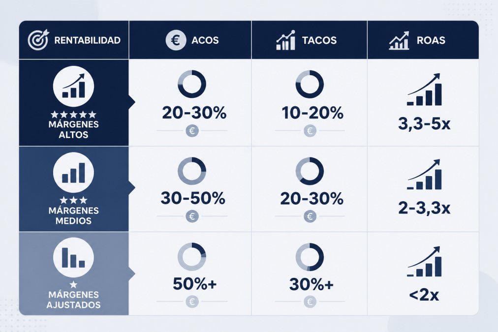 Matriz comparativa mostrando ACOS vs TACOS vs ROAS con ejemplos de valores saludables: ACOS 20-30% (márgenes altos), ACOS 30-50% (márgenes medios), ACOS 50%+ (márgenes ajustados), incluyendo columnas de TACOS y ROAS esperado