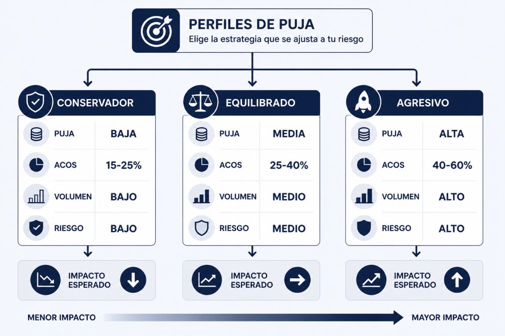 Diagrama de flujo mostrando tres estrategias de puja: Conservador (puja baja, ACOS 15-25%, volumen bajo, riesgo bajo), Equilibrado (puja media, ACOS 25-40%, volumen medio, riesgo medio), Agresivo (puja alta, ACOS 40-60%, volumen alto, riesgo alto) con flechas indicando impacto esperado