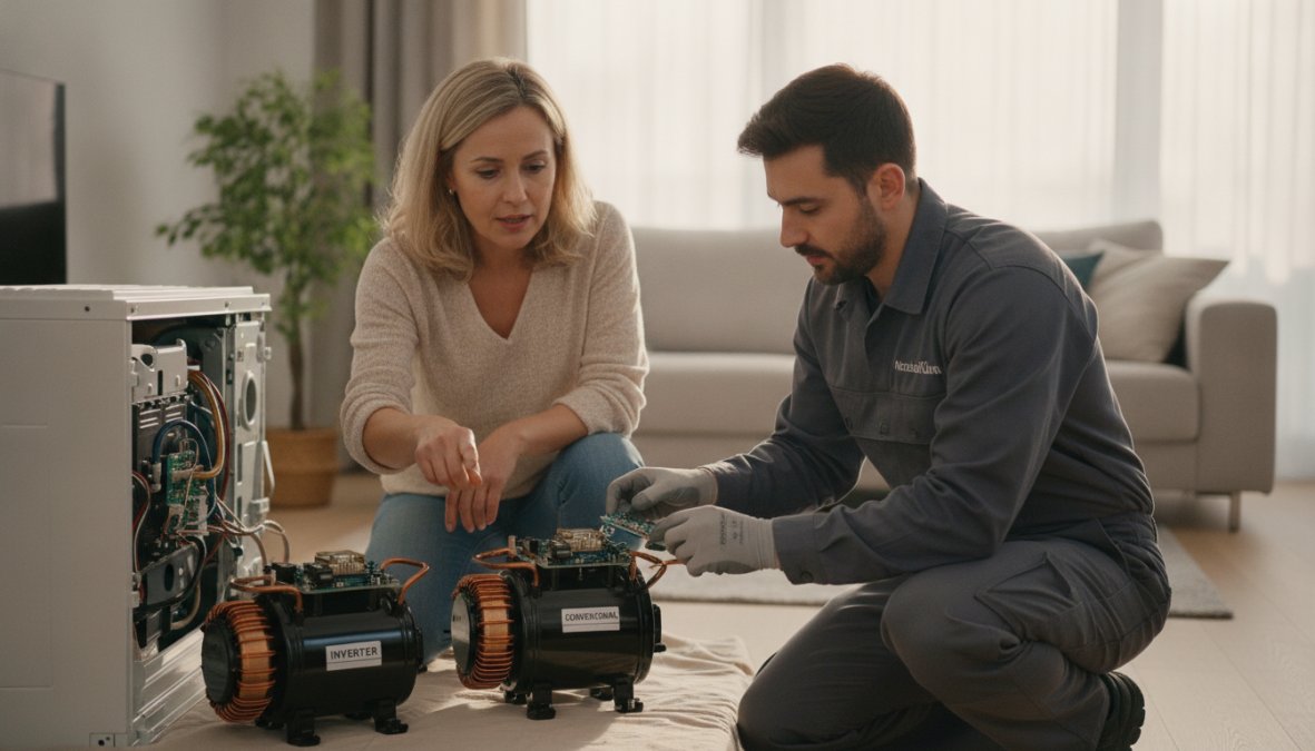 Técnico de climatización instalando y verificando una unidad exterior de aire acondicionado en la pared de una vivienda moderna, con herramientas especializadas y equipo de seguridad