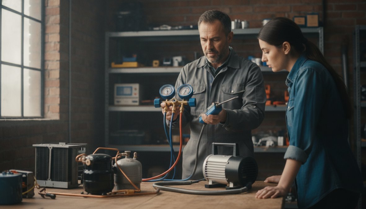 Técnico profesional sosteniendo detector electrónico de fugas, manómetros y bomba de vacío sobre una mesa de trabajo con tuberías de cobre y cilindro de nitrógeno