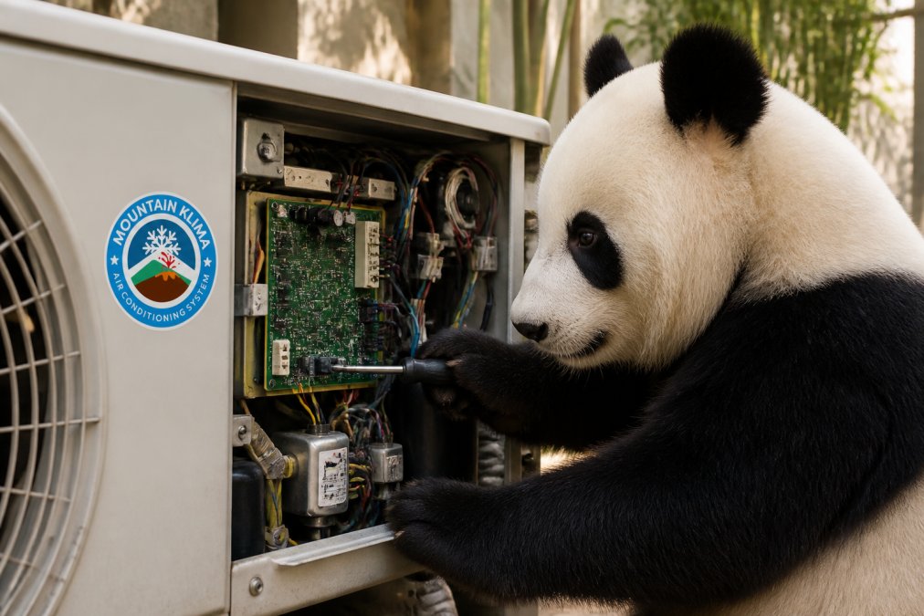 Un panda curioso observando de cerca el interior de una unidad de aire acondicionado con la placa electrónica visible, con componentes electrónicos claramente expuestos bajo luz natural