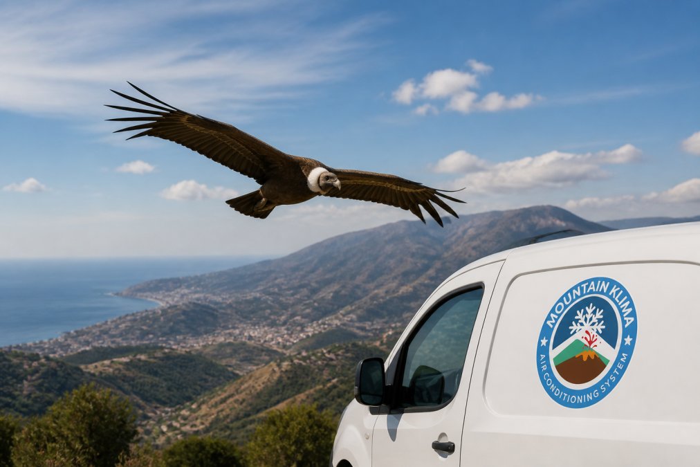 Un cóndor majestuoso volando sobre un paisaje montañoso de la Costa del Sol, representando la perspectiva profesional y confiable de los expertos en climatización