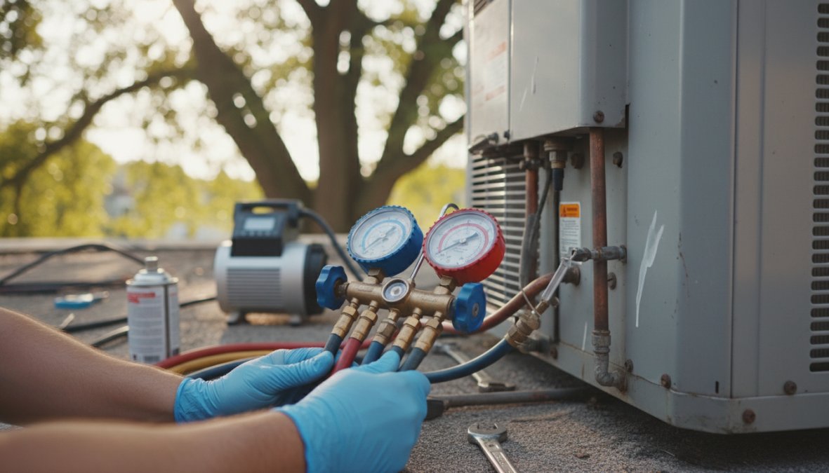HVAC technician in uniform kneeling beside an outdoor air conditioning compressor unit, connecting a manifold gauge set with blue and red hoses to the service ports, outdoor setting with sunlight