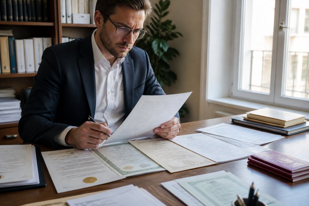 Profesional revisando documentos oficiales en un escritorio con certificados, formularios administrativos y documentos extranjeros visibles bajo iluminación natural