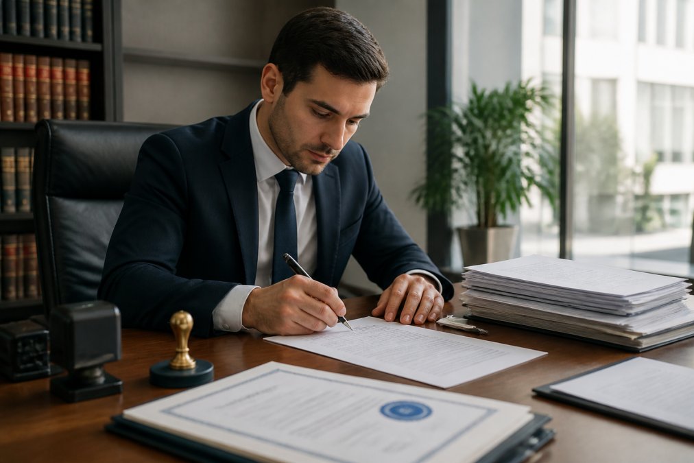 Traductor profesional trabajando en una oficina moderna, con documentos, sello oficial, firma manuscrita y certificados sobre el escritorio bajo iluminación profesional
