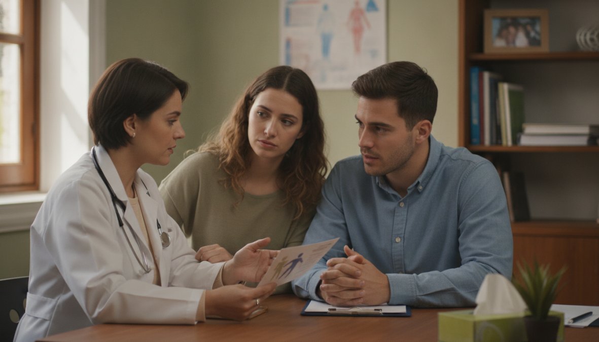 Healthcare professional in clinical consultation room discussing test results with patient in confidential setting with soft medical office lighting