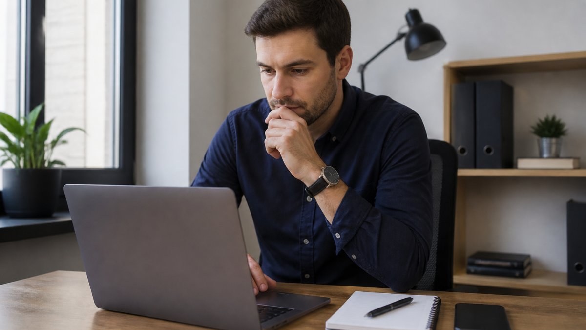 Persona trabajando frente a un portátil en una mesa de oficina pequeña, con una libreta y un móvil al lado, revisando en pantalla un panel de analítica web con gráficos de sesiones