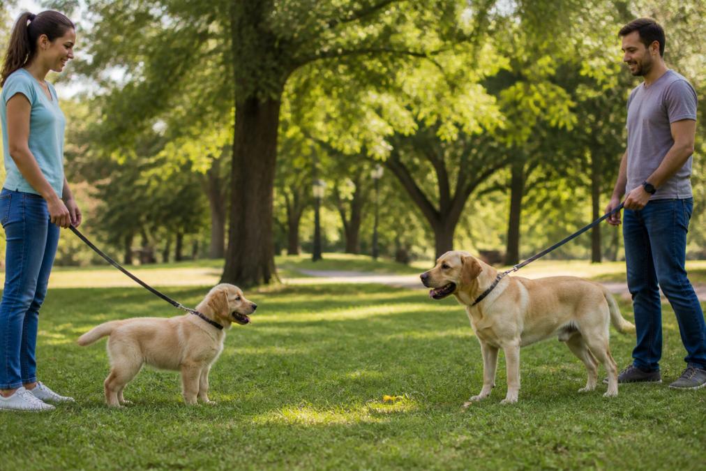 A golden puppy meeting a calm adult dog in a sunny park, both on leashes, separated at a safe distance while owners observe the interaction