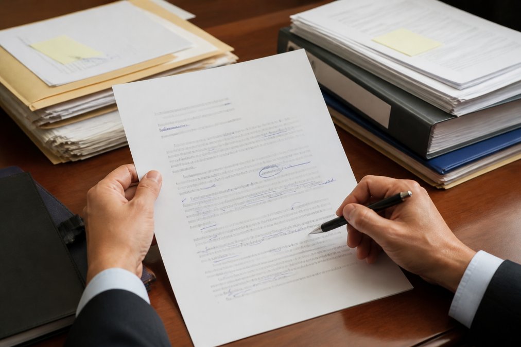 Primer plano de manos sosteniendo un documento oficial con anotaciones manuscritas y un bolígrafo, sobre una mesa con carpetas de expedientes administrativos ordenados