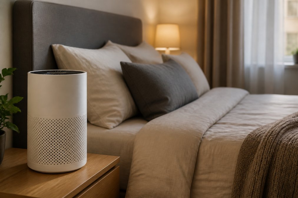 A compact white air purifier sitting on a wooden nightstand in a small tidy bedroom, bed with neutral linens in the background, soft warm lamp light, window with sheer curtains