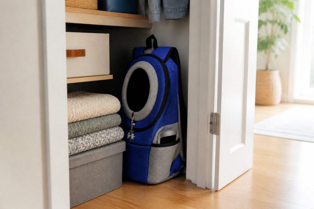 A collapsible cat carrier stored vertically in a narrow apartment closet next to folded blankets and storage bins, demonstrating space-efficient organization with natural light from the doorway