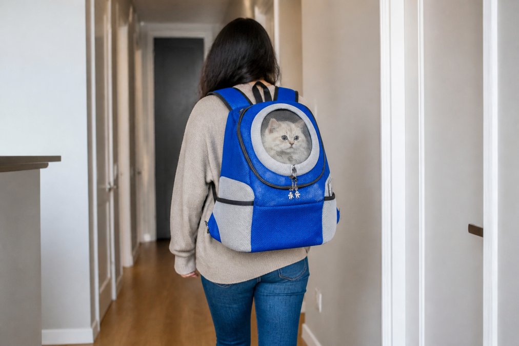 A person carrying a compact cat carrier backpack while walking through an apartment hallway with neutral walls and hardwood flooring, demonstrating hands-free portability and the carrier's compact profile