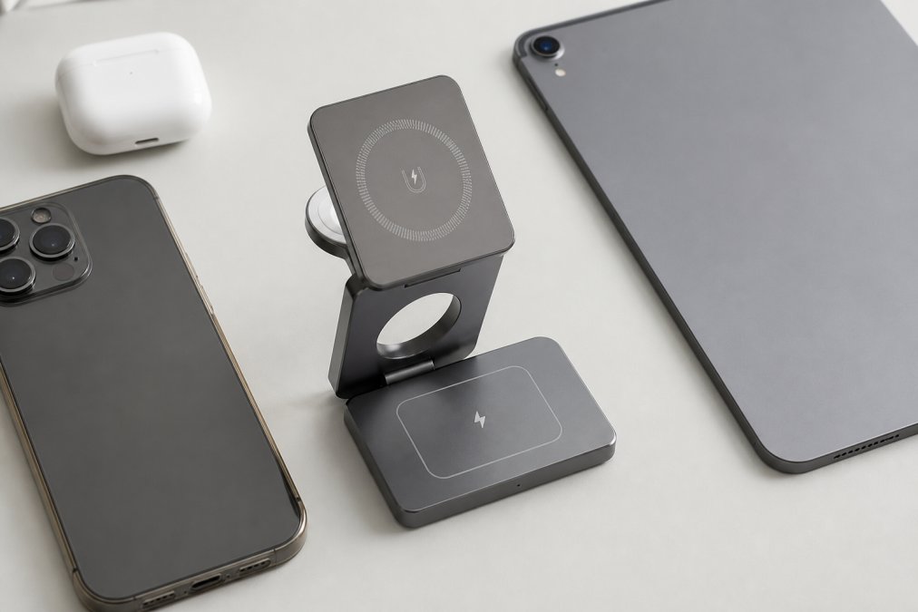 Overhead flat-lay of a compact travel charger with multiple USB ports, a smartphone, wireless earbuds, and a tablet arranged on a light background, showing the relative scale and portability of the setup