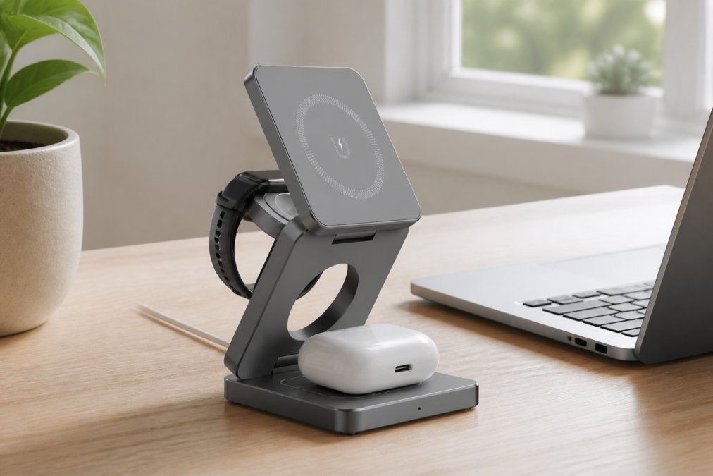 Clean desk workspace with a 3-in-1 wireless charging station holding a phone, smartwatch, and earbuds, with minimal visible cables, next to a laptop and natural window lighting
