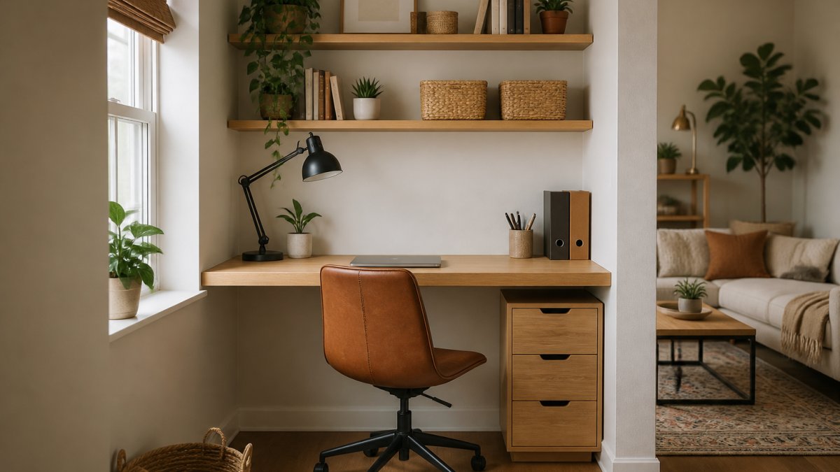 Diagram illustrating space-saving layouts for compact desks for home offices in corner alcoves with shelving.