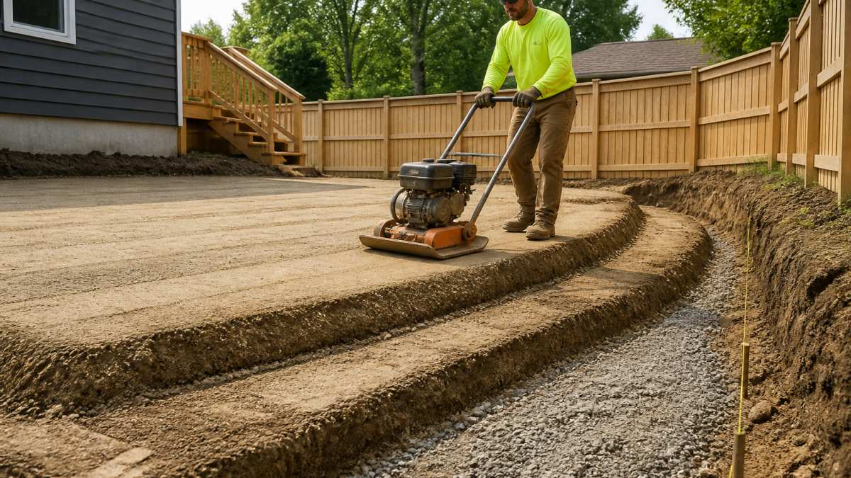 Diagram illustrating the step-by-step process for compact dirt work using a plate compactor on residential soil lifts.