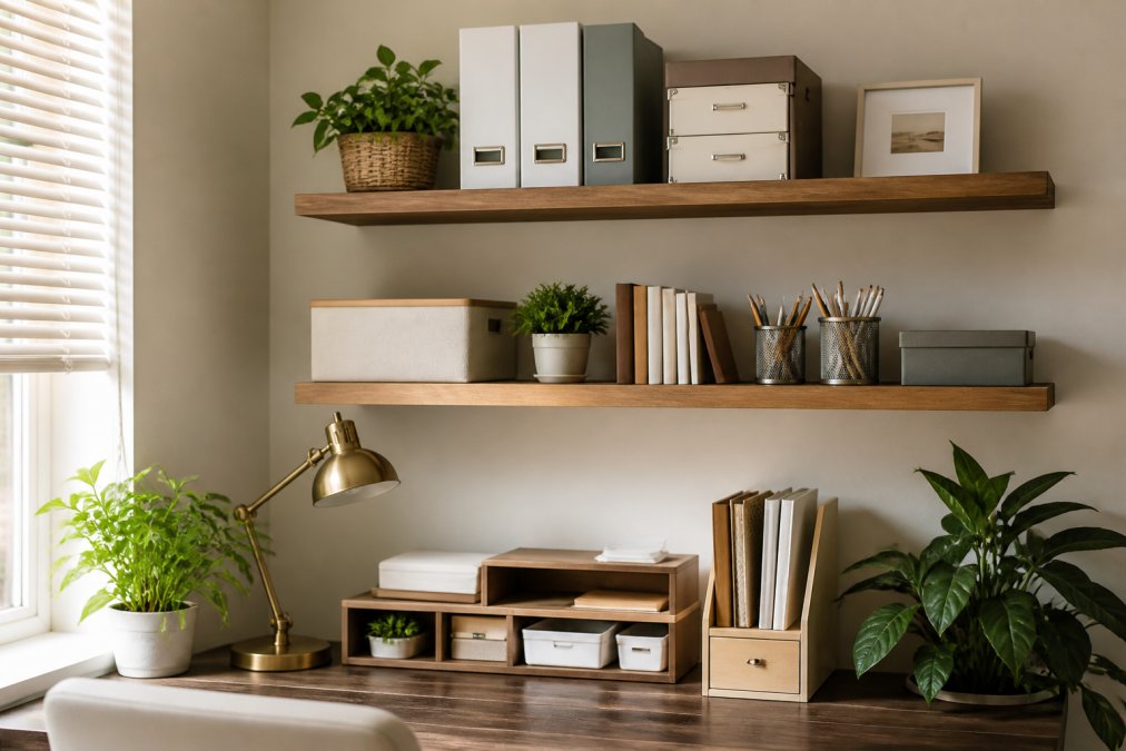 Compact home office corner with wall-mounted floating shelves displaying desk accessories, storage bins, and office supplies in an organized, aesthetically pleasing arrangement with natural lighting