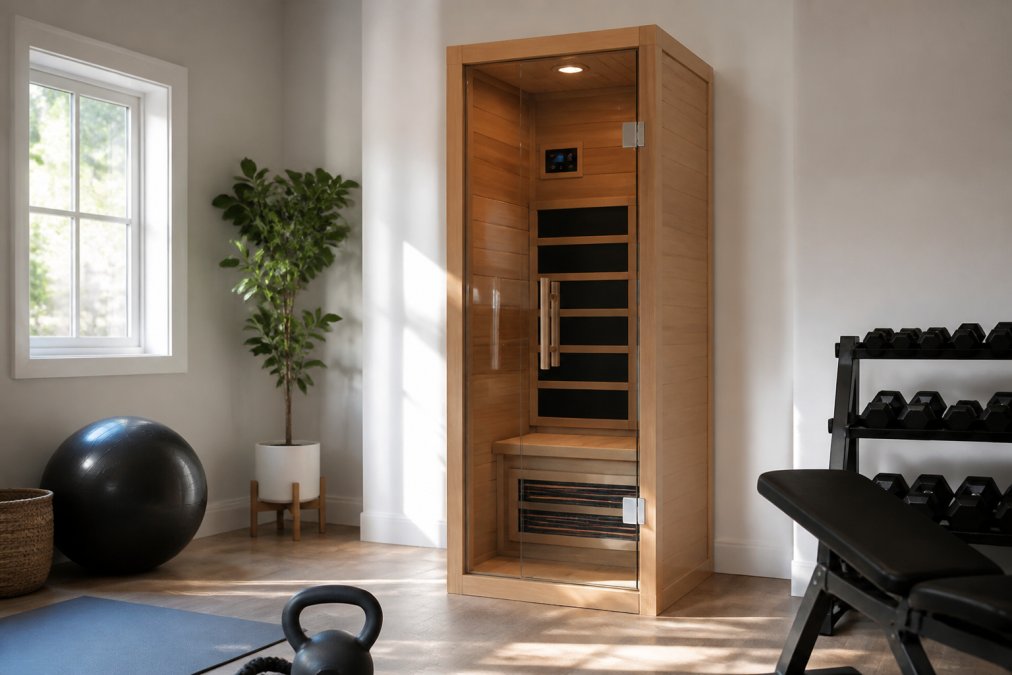 One-person infrared compact home sauna with a wooden bench in a bright gym corner