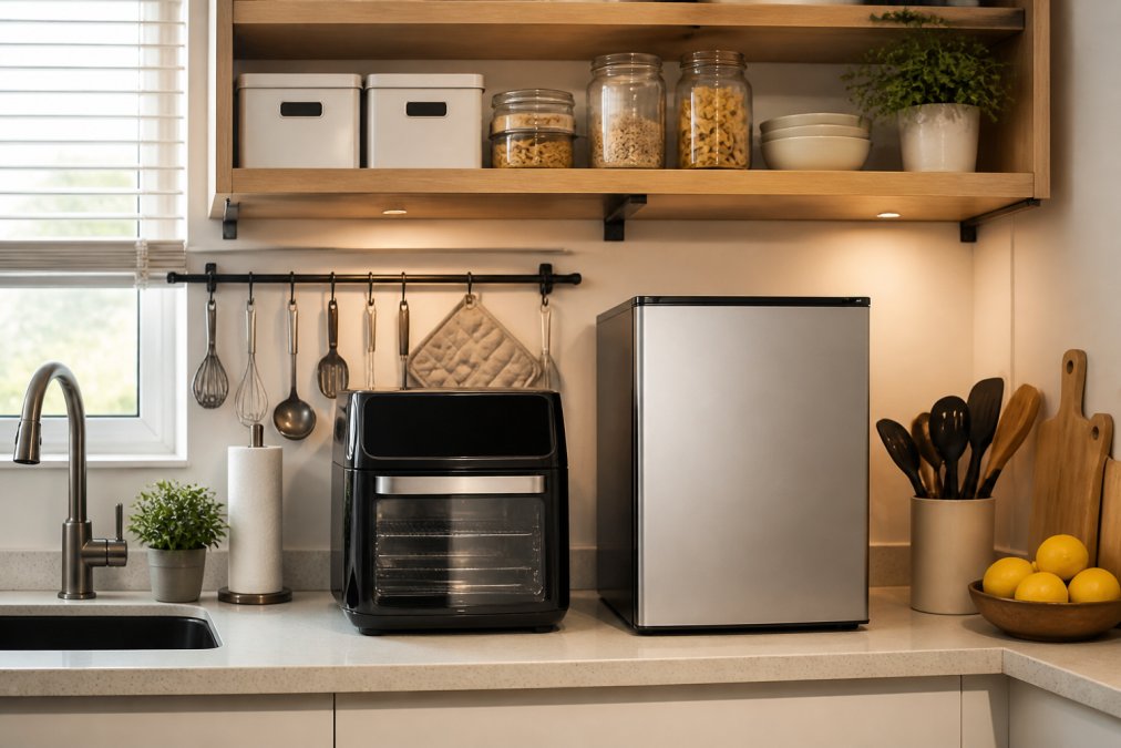 Compact modern kitchen with a mini air fryer oven and mini fridge arranged efficiently on a small countertop, with wall-mounted shelving displaying cooking utensils and organised storage boxes above