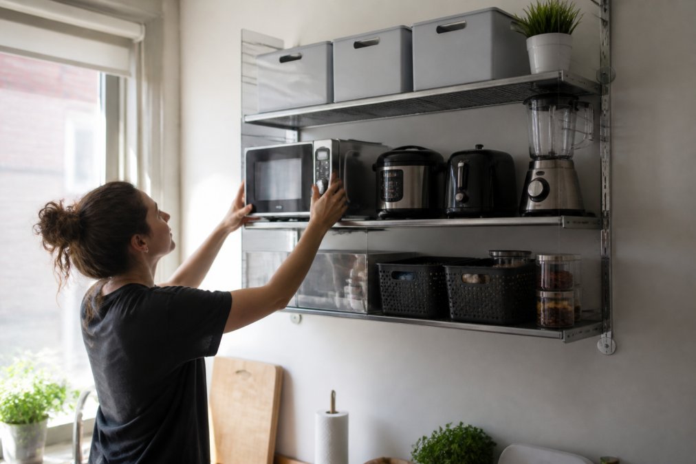 Close-up of wall-mounted metal shelving in a small kitchen displaying stacked compact appliances and organised storage boxes, with vertical wall space maximised and rental-friendly installation without permanent fixtures