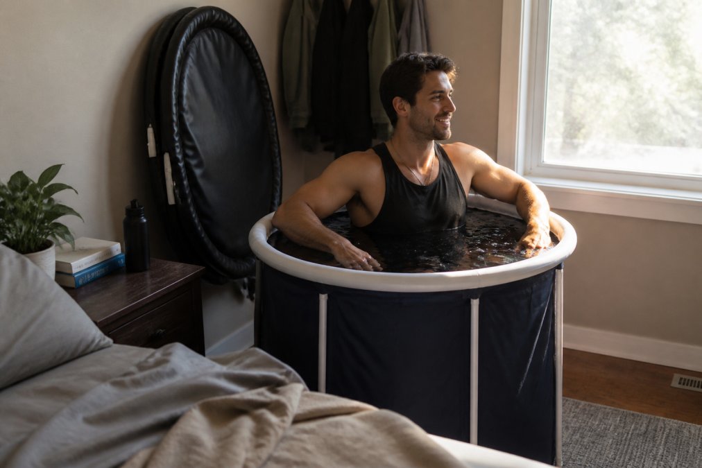 Athlete in athletic wear sitting in a foldable portable ice bath tub positioned in a small apartment bedroom, with the tub folded and stored compactly against the wall in the background, natural morning light streaming through a window