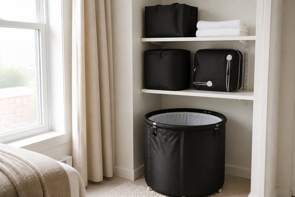 Compact home recovery setup in a small apartment corner showing a folded infrared sauna blanket, portable ice bath tub, and red light therapy pad neatly organised on wall shelves and in storage, with natural light from a window