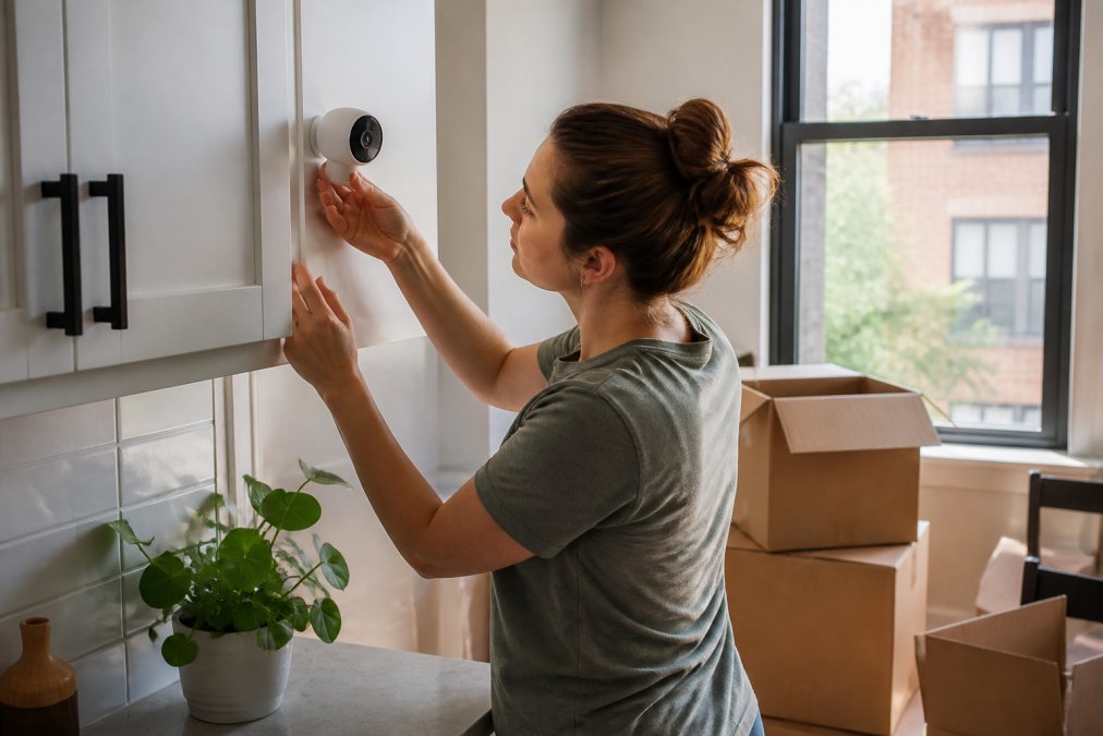A renter in a small apartment kitchen mounting a compact white wireless security camera on a cabinet edge with a removable adhesive strip, afternoon light through a window, moving boxes visible in the background