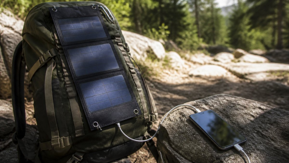 Compact solar chargers for backpacking attached to a hiking pack with a phone charging on a rocky trail path.