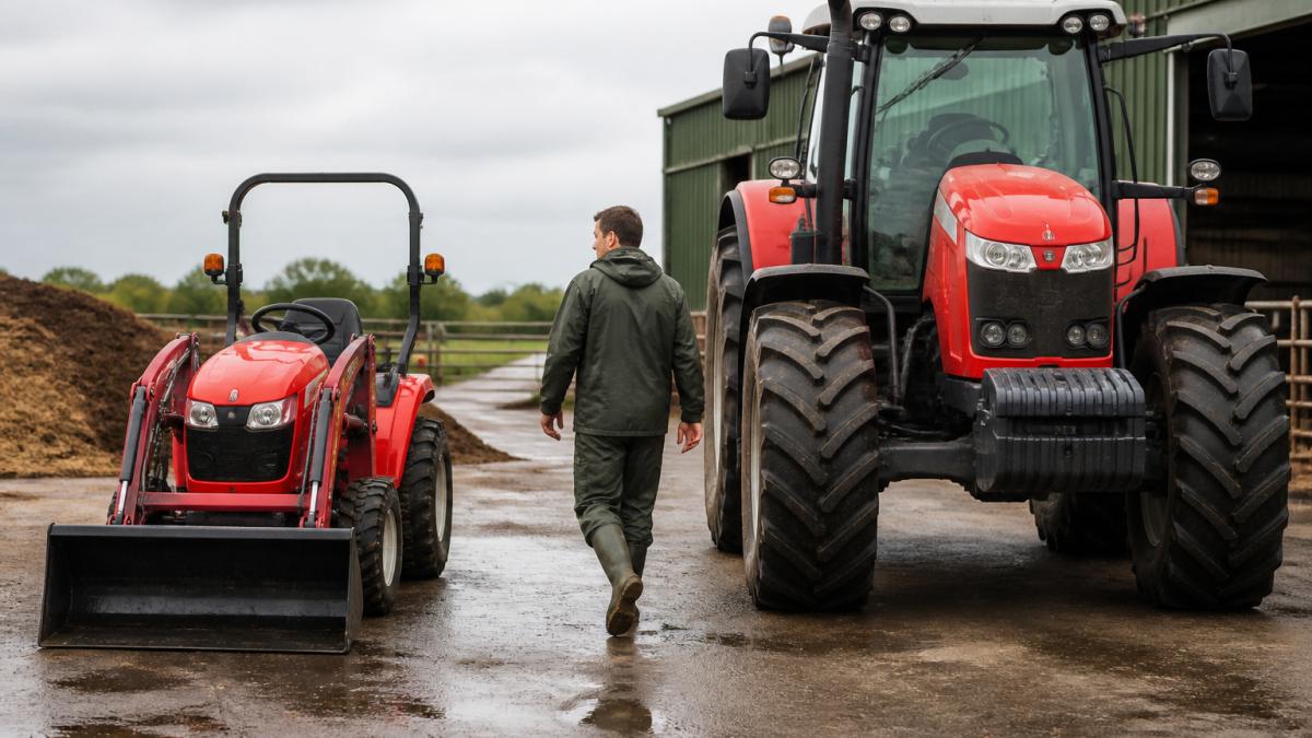 Infographic comparing a compact tractor vs farm tractor by size and use case in a farmyard setting