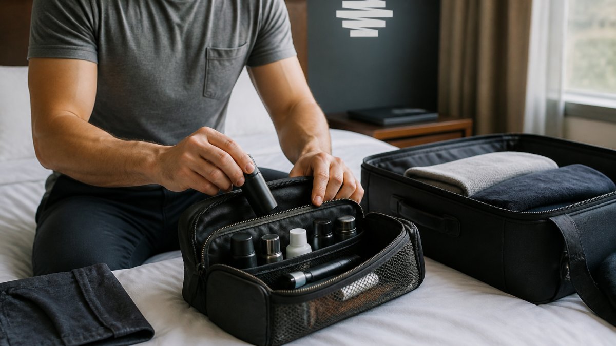 Man packing a compact toiletry bag with organized compartments into a carry-on suitcase in a modern bedroom