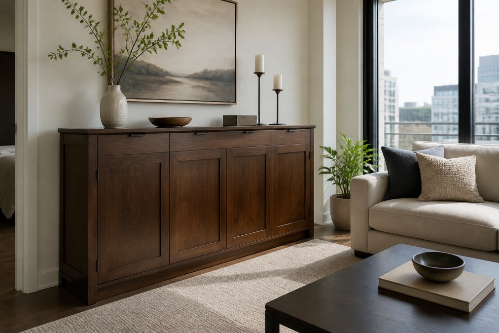 Solid hardwood Murphy cabinet wall beds for condos styled as a sideboard in a bright, modern living room space