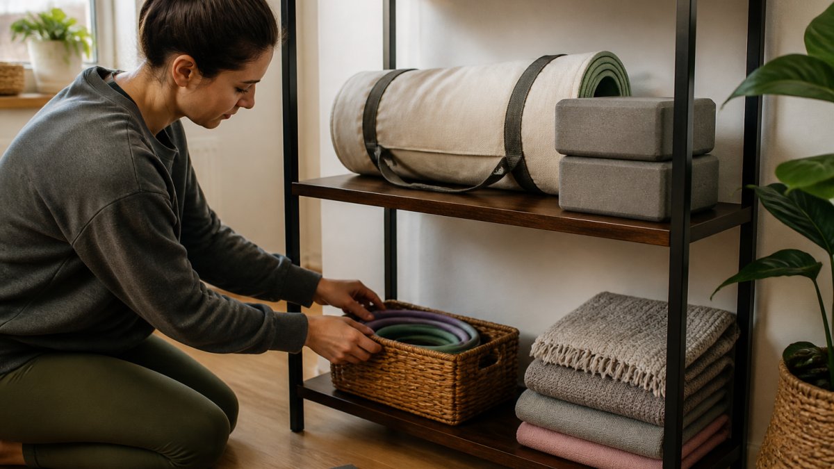 Neatly organised small apartment corner with a rolled yoga mat stored in a compact canvas bag on a shelf, yoga blocks stacked horizontally beside it, and coiled resistance bands in a woven basket on the lower shelf