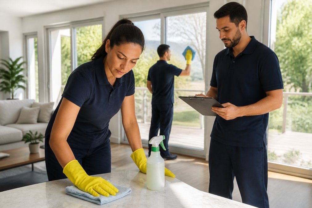 A professional cleaning team in matching uniforms working in a bright, tidy living room, one member wiping a surface with eco-friendly products while another reviews a clipboard checklist, natural daylight through large windows