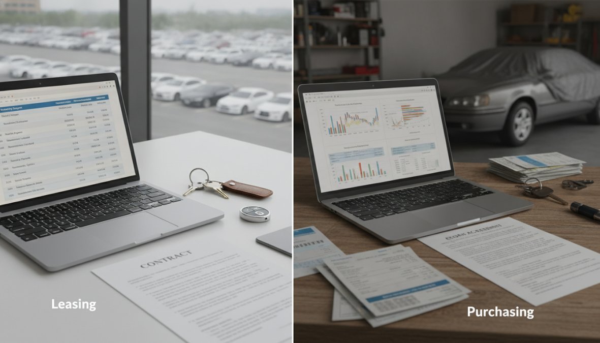Side-by-side comparison of business and professional and reviewing concepts for company car leasing schemes