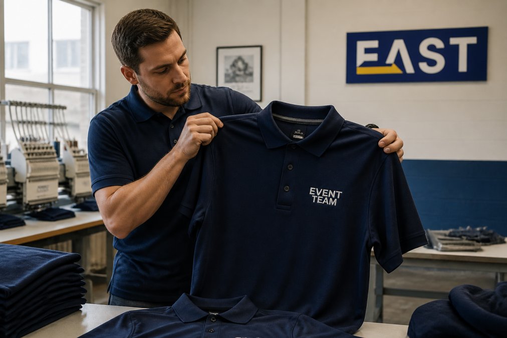 Close-up of a neatly embroidered company logo on a navy polo shirt, a durable alternative to event t-shirts.