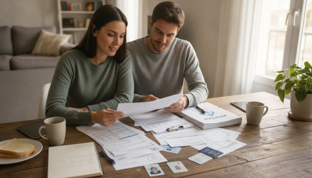 Pareja adulta reunida con un asesor financiero en una oficina moderna, revisando documentos hipotecarios sobre una mesa de madera, ambiente profesional y cercano con luz natural que entra por una ventana lateral