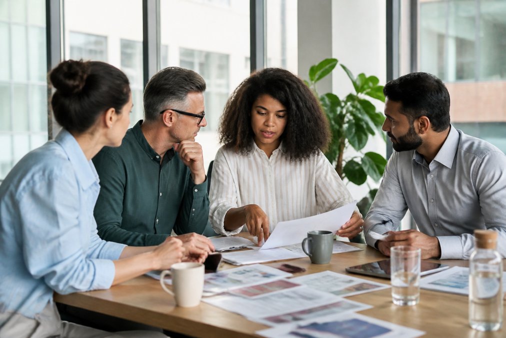 Équipe RH analysant des données de formation sur écran pour un comparatif 360learning rise up dans un bureau moderne.