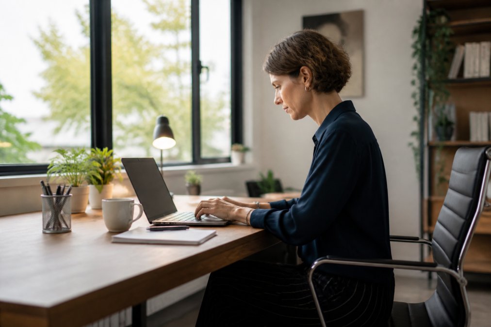 Coach indépendant travaillant sur son ordinateur portable dans un bureau lumineux, consultant des tableaux de bord de gestion et d'automatisation de programmes avec plusieurs écrans visibles