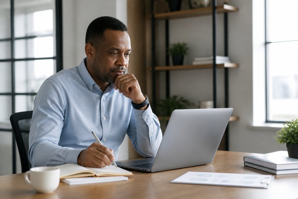 Un coach professionnel utilise un ordinateur portable dans un bureau moderne et lumineux, avec un carnet de notes et un café à proximité, illustrant la gestion de formations en ligne