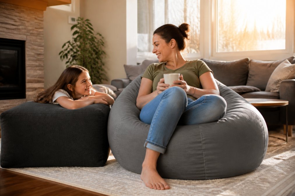 Un parent assis dans un pouf poire dans un salon familial lumineux, un enfant blotti à côté sur un pouf carré, les deux souriants et détendus, lumière naturelle de fin d'après-midi
