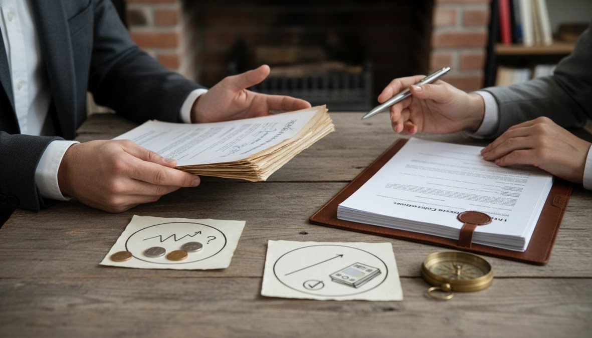 Manos de una persona firmando un contrato bancario sobre un escritorio de madera oscura, con un bolígrafo y documentos financieros visibles alrededor, iluminados por luz natural de ventana