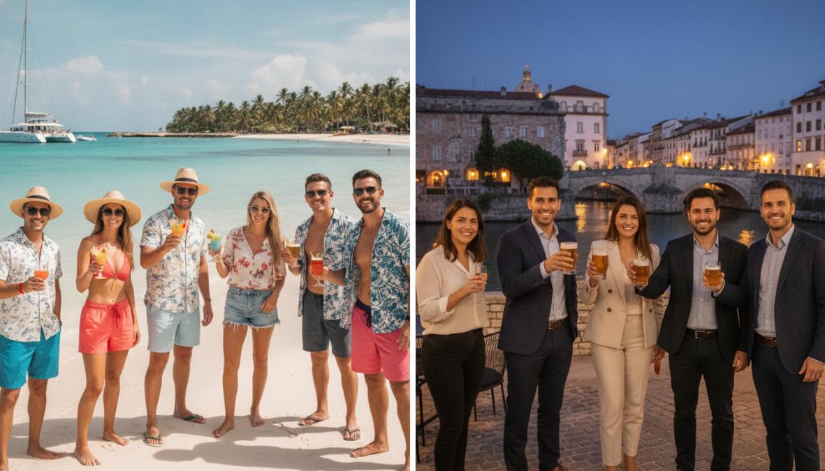 Grupo de amigos celebrando una despedida de soltero en una playa mexicana, sosteniendo bebidas tropicales y riendo con agua turquesa y palmeras al fondo, bajo luz natural del mediodía