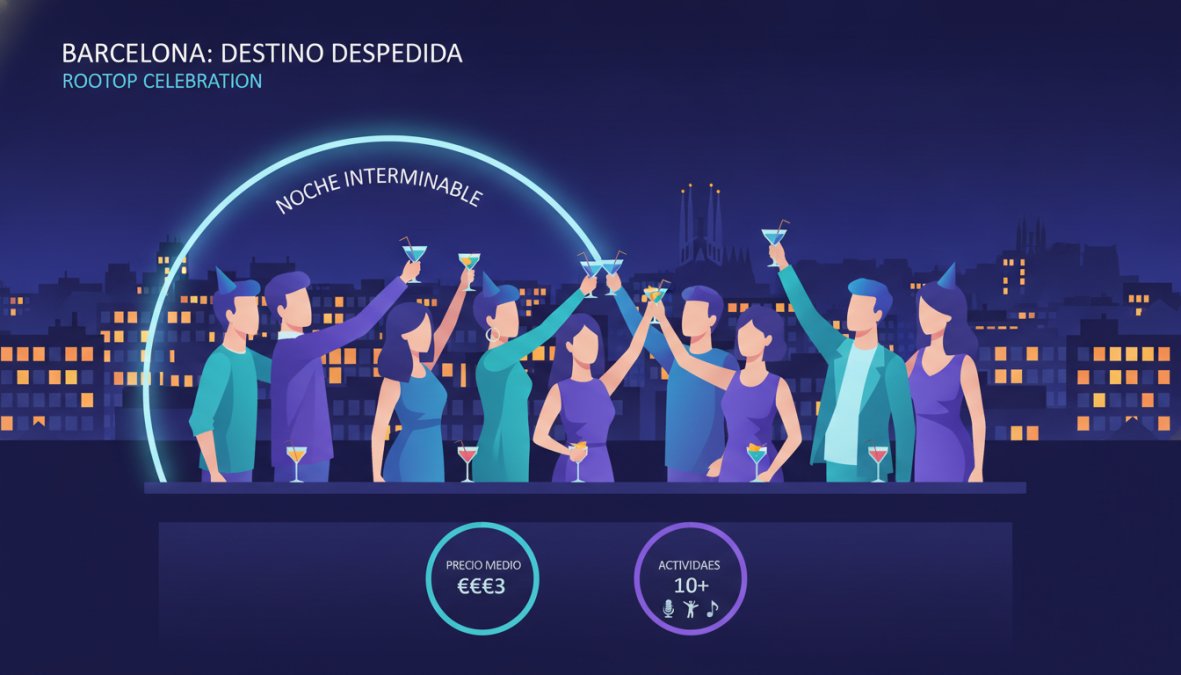 Grupo de amigos celebrando en una terraza de Barcelona, ideal para la comparativa viajes despedida soltero europa vs mexico.