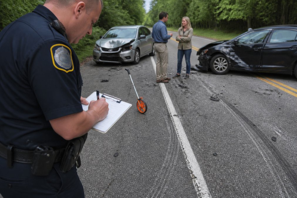Police officer investigating a car accident to determine negligence Georgia law enforcement standards.