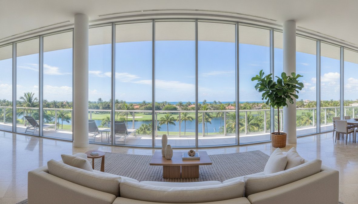 Bright, sun-filled modern apartment interior with stainless steel appliances, quartz countertop island, and floor-to-ceiling windows overlooking a resort-style heated swimming pool surrounded by tropical landscaping in warm afternoon light