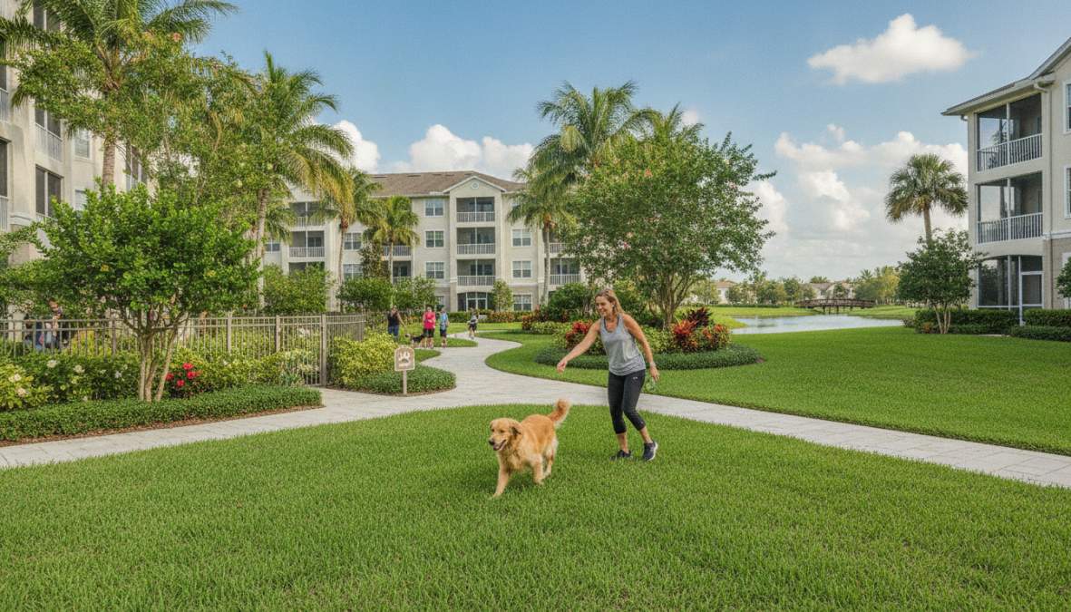 A smiling resident walking a golden retriever on a leash through a lush, landscaped apartment community with tropical plants, winding walking paths, and soft afternoon sunlight filtering through palm trees